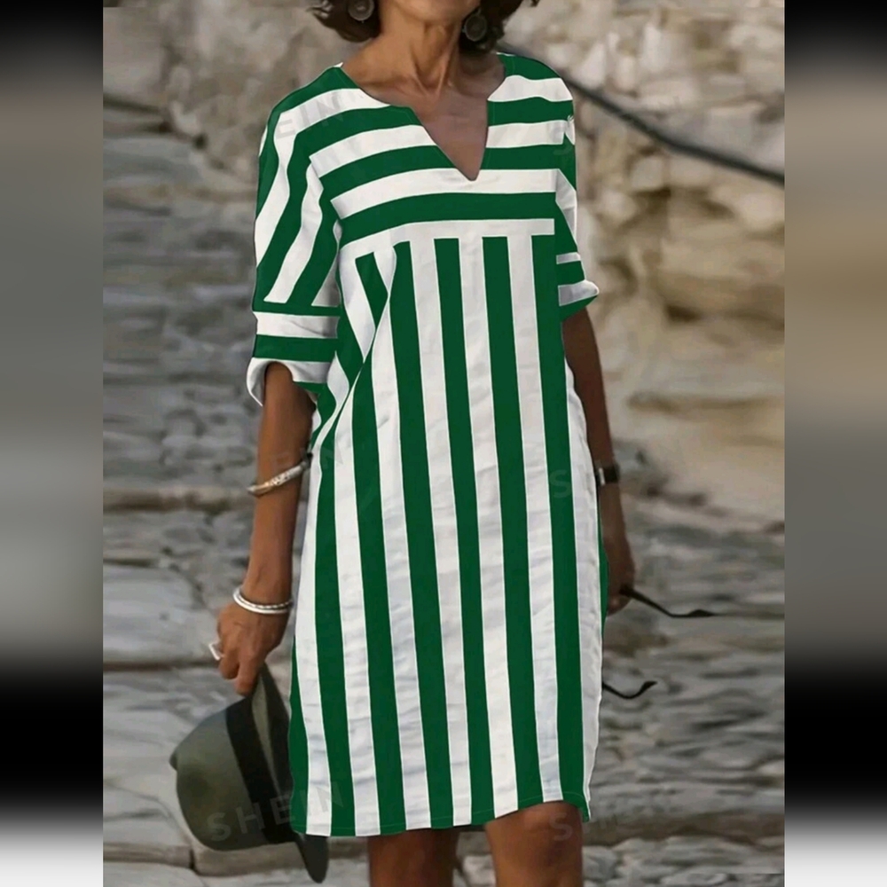 Green & White Vertical Stripe V-Neck Midi Dress